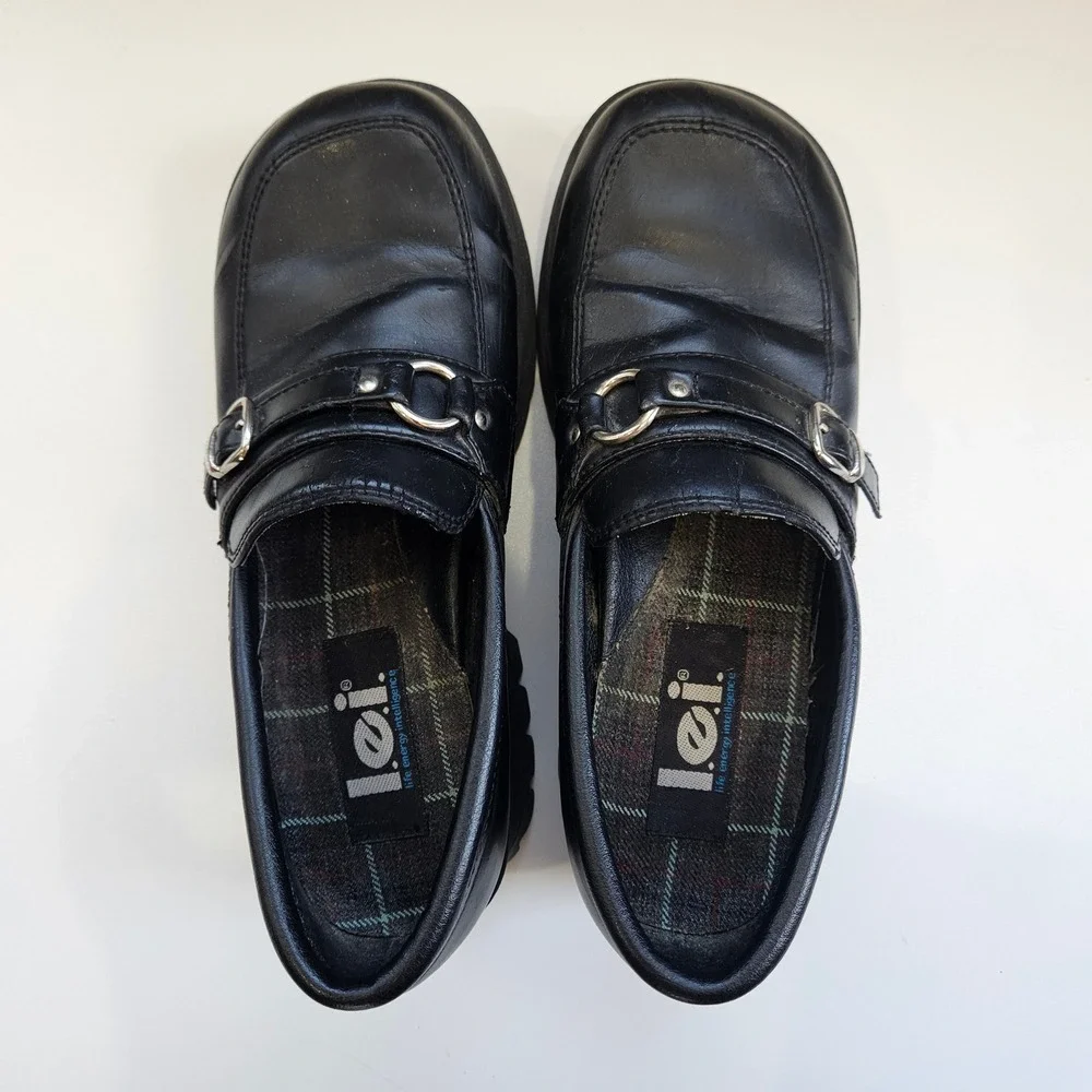 Vintage LEI 90s Y2K Black Chunky Platform Loafers Buckle Shoes Womens Size 6M